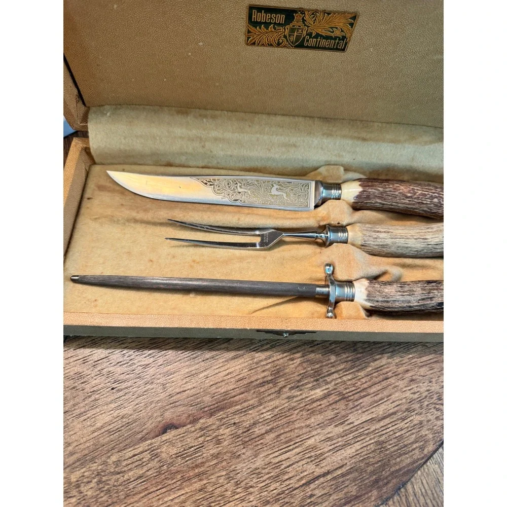 Robeson Continental Vintage Carving Set Stag Horn Handles Germany 3 Piece Etched
